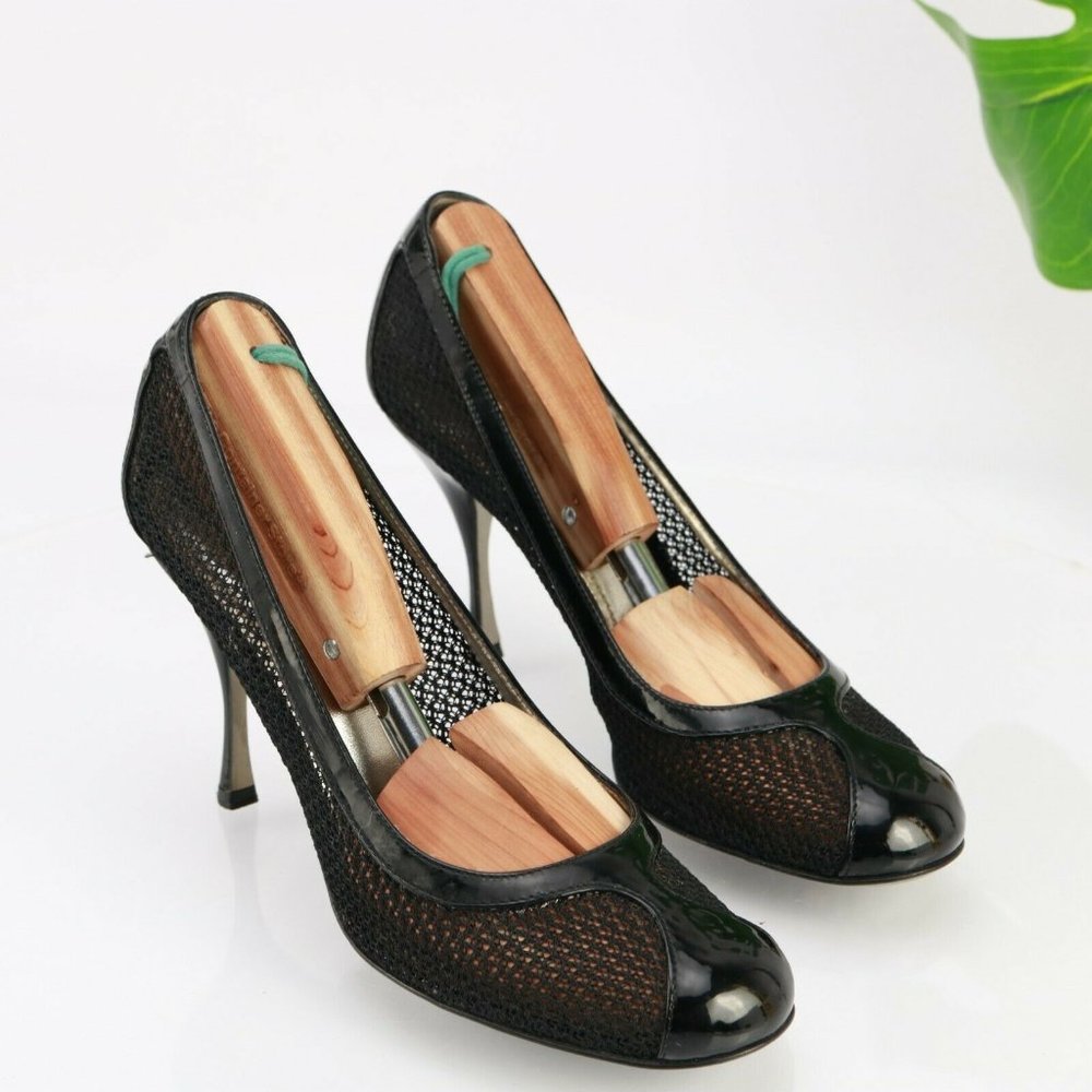 Dolce & Gabbana Women Dress Pump Size 9 Black Patent Leather Mesh Stiletto Heels - Picture 2 of 12